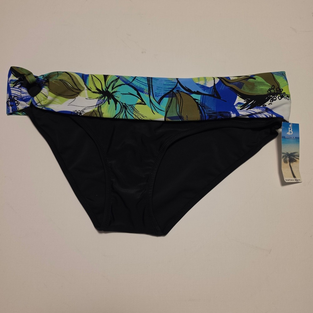 Baltex Tropical Floral Print Fold Over Bikini Swim Bottoms Black Blue Size 14